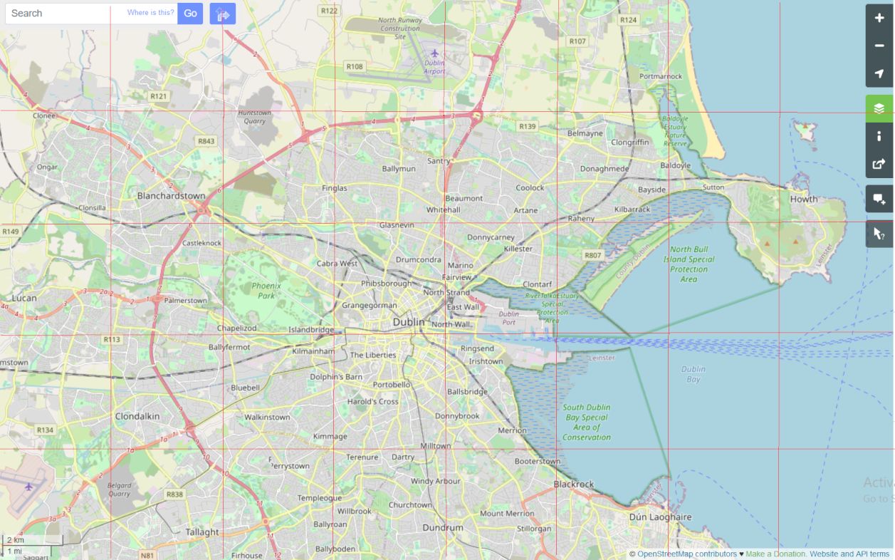 Open street maps screenshot with grid overlay